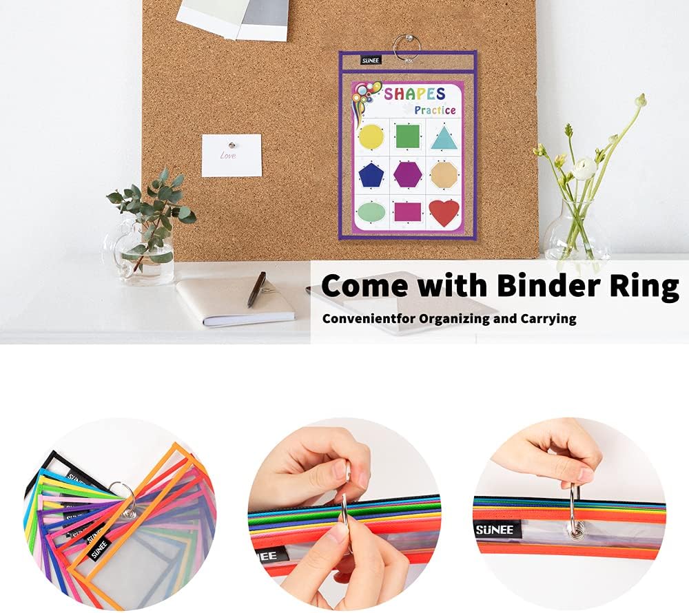 SUNEE 30 Packs Oversized Reusable Dry Erase Pocket Sleeves with 2 Rings, 10 Assorted Colors 10x14 Ticket Holders, Clear Plastic Sheet Protectors, Teacher School Classroom Supplies : Office Products