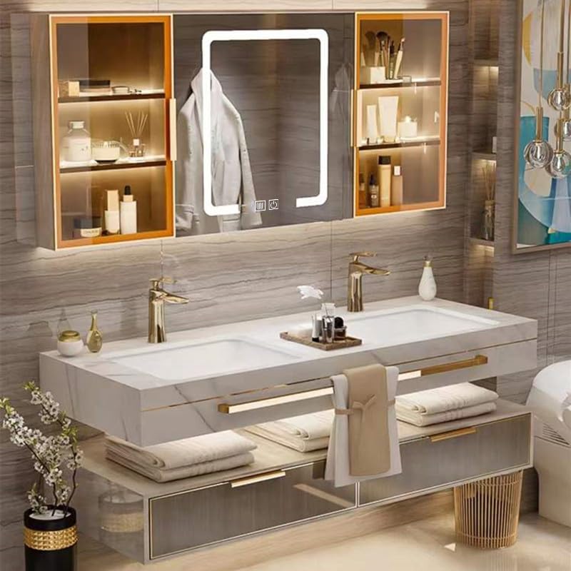 Armadietto da bagno moderno con specchio antiappannamento a LED, montaggio a parete, doppio lavabo, design Sk & Functal per spazi contemporanei