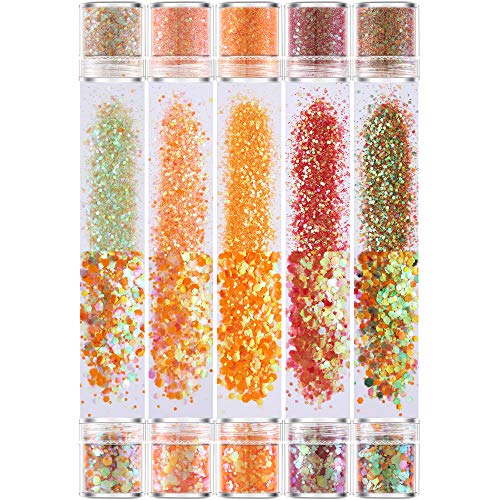 𝐆𝐀𝐁𝐎𝐗 10 Jars Cosmetic Chunky Glitter Orange Red Green Color Mix, Holographic Nail Resin Glitter, Fine Powder+1Mm+2Mm+3Mm Sequins Flakes, Iridescent Art Glitter Set For Body Face Eyes Hair Crafts #TOP28