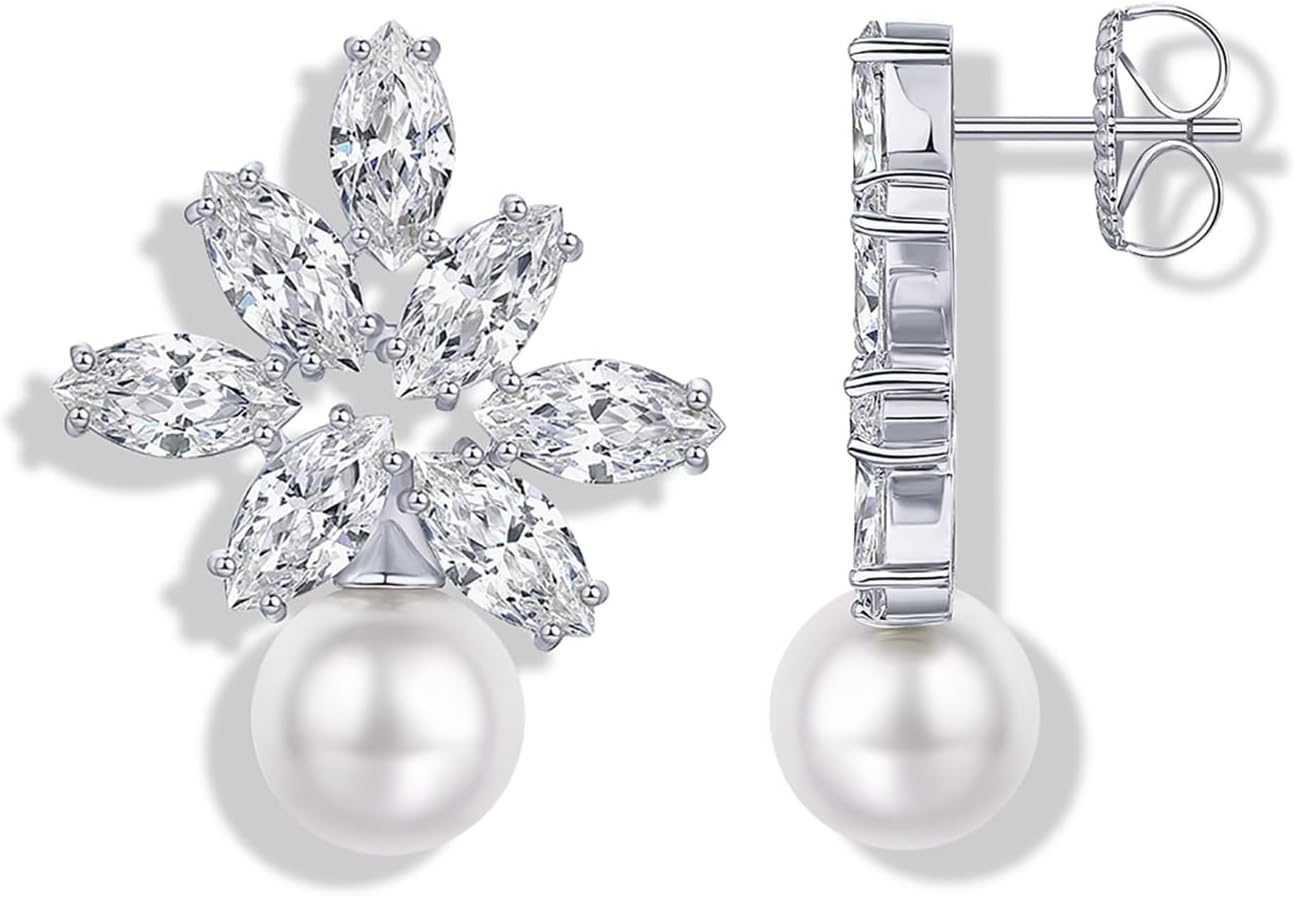 PAVOI 14K Gold Plated Cubic Zirconia Stud Earrings for Women - 925 Sterling Silver Posts Statement Crystal Cluster Wedding Earrings for Brides & Bridesmaids - Trendy CZ Pearl Studs Wedding Jewelry