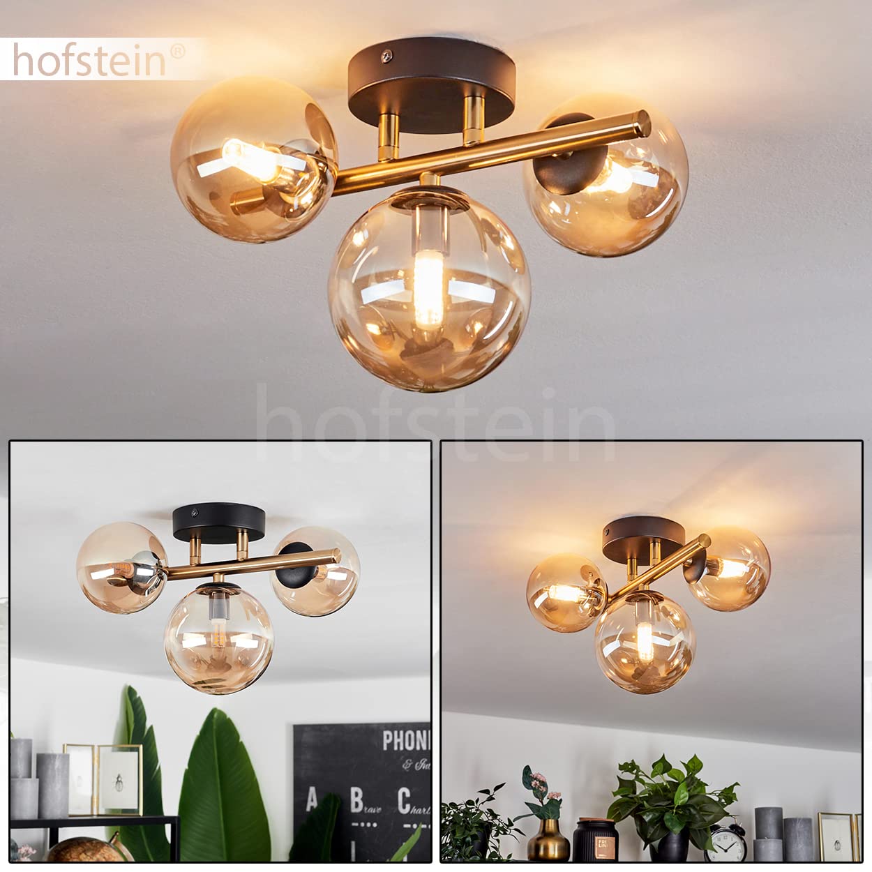 HOFSTEIN Deckenleuchte Chehalis, Deckenlampe aus Metall/Glas in Schwarz/Messing/Bernstein, Leuchte im Retro/Vintage-Design (Ø Schirme 10; 12 cm), 3 x G9, Schlafzimmer, Wohnzimmer, Küche, Esszimmer