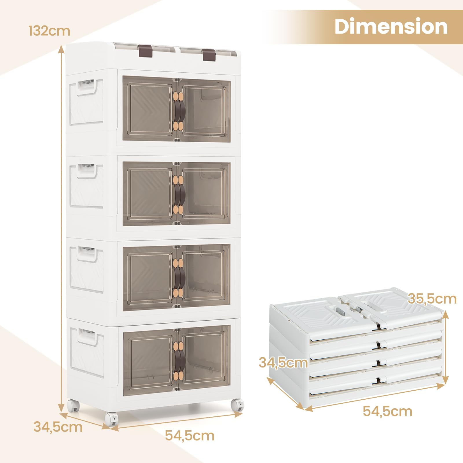 GIANTEX Contenedor Plástico de Almacenamiento 210 L, Caja Apilables con Tapa y Ruedas, Carrito de Almacenaje con 4 Cubos Apilables, Caja Organizador para Salón, Dormitorio (4 Niveles)