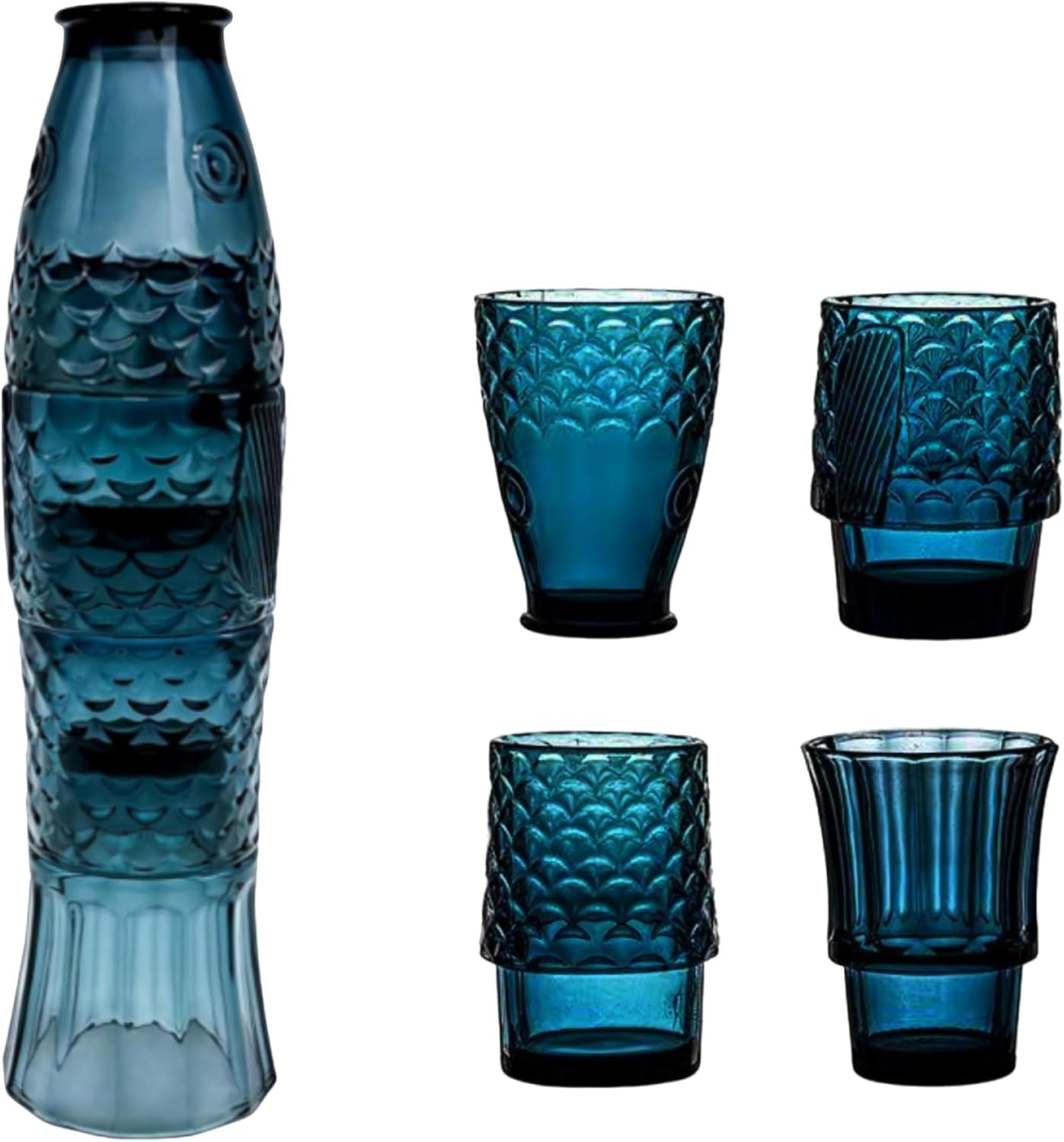 FishDesignszklanki do picia, szklanki do picia do układania w stos, kolorowe szkło do napojów, szkło StackTumbler, NauticalGlassware, szklanki w kształcie ryby, do dekoracji domu, zestaw 4, niebieski