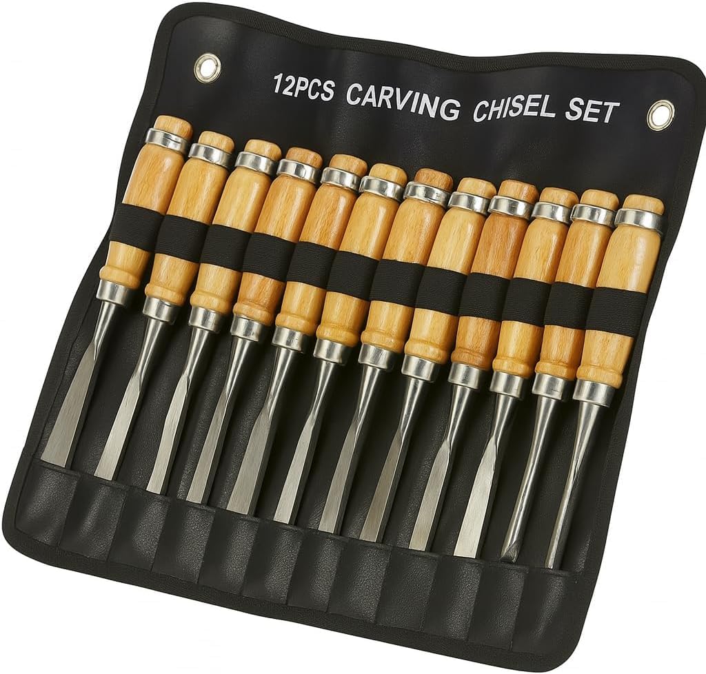 Juego de 12 cinceles para tallar madera – Herramientas profesionales para escultura con mango de madera y hoja de acero – Kit de gubias de tallado para carpinteros, artistas y