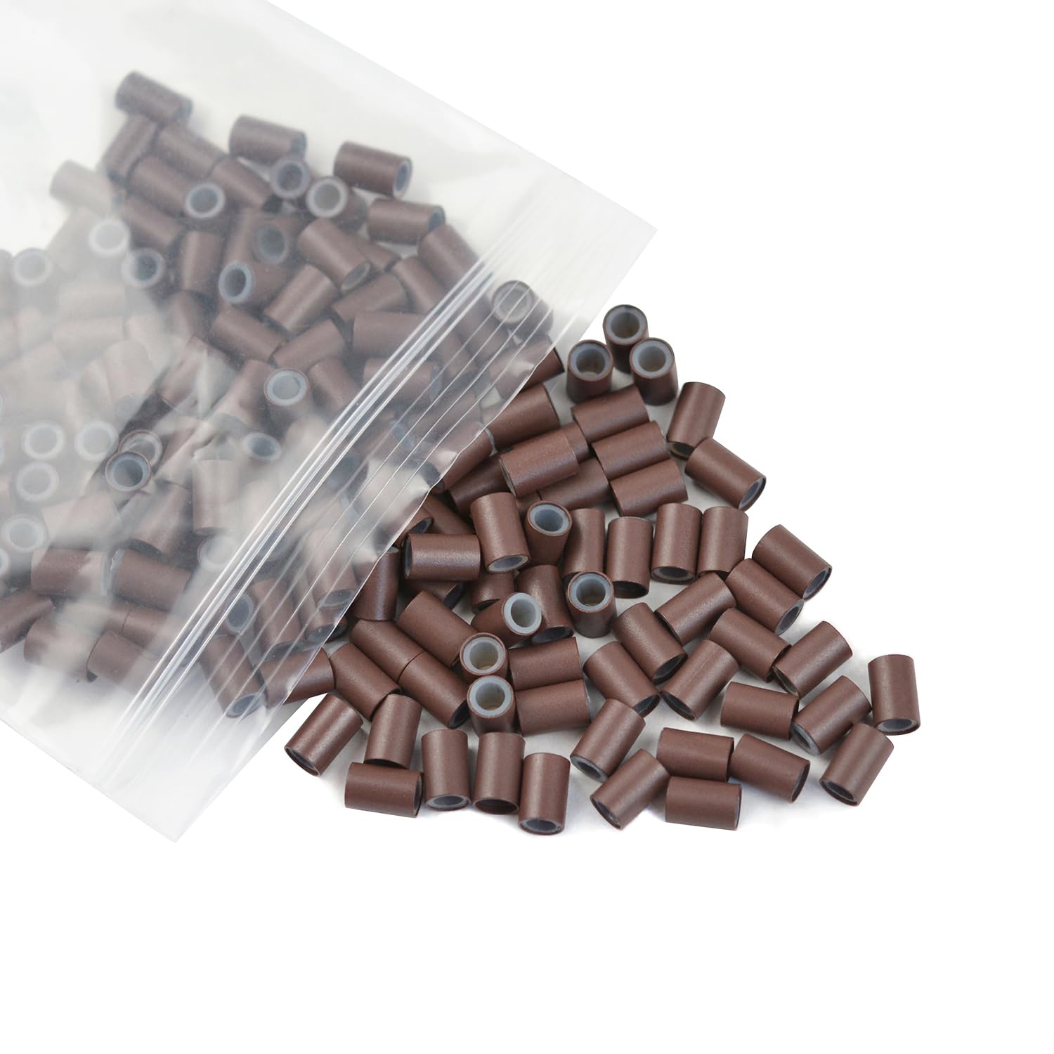 4.0 * 2.8 * 6.0 mm Copper Tube Micro Link Beads with Silicone Lined Micro Ring Hair Beads for I-Tip Hair Extensions (500 Pcs Brown) - Image 3