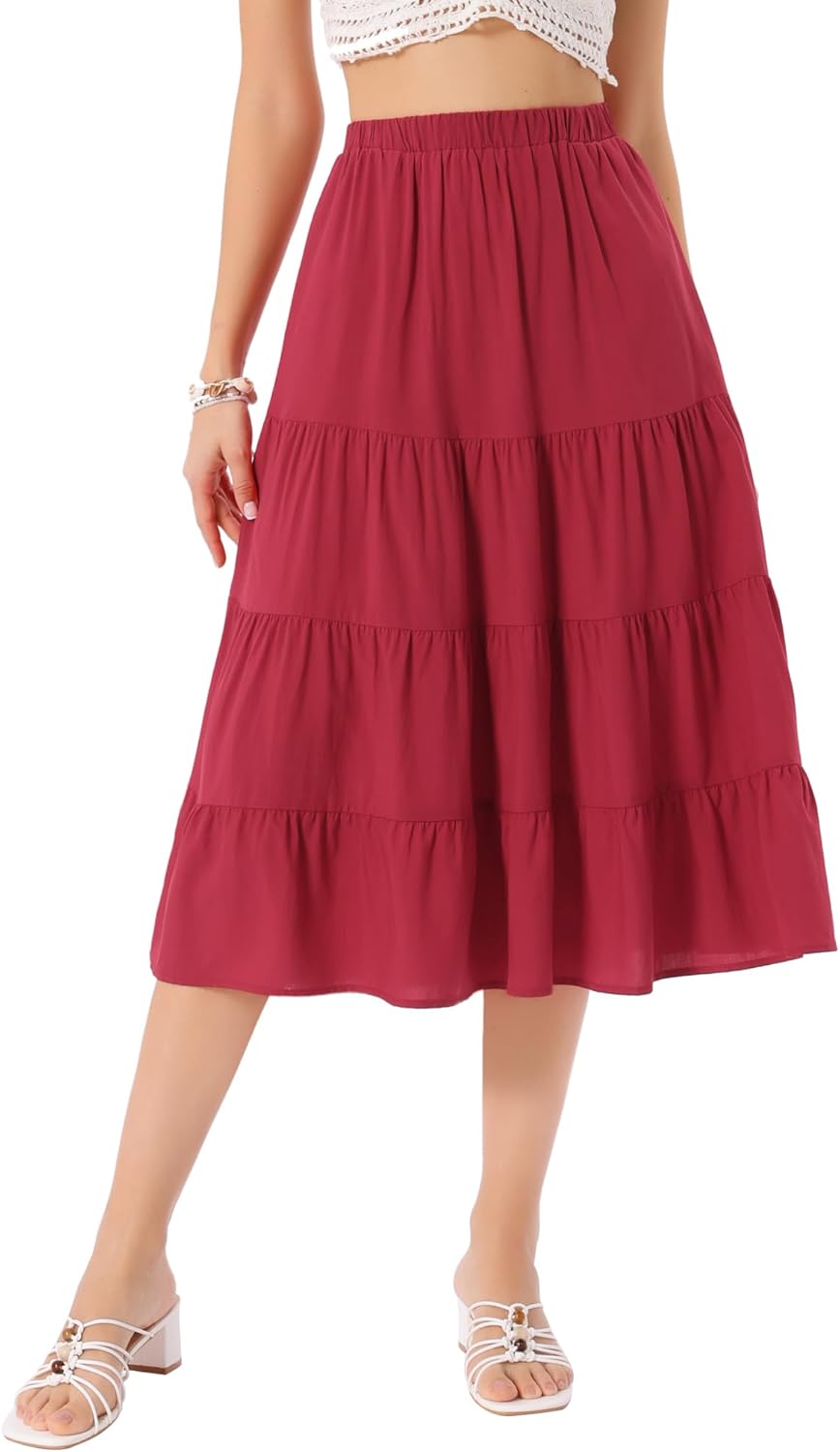 Allegra K Women's Midi Skirts Flare Tiered Pleated Boho Solid Elastic Waist Long A-Line Skirt with Pockets