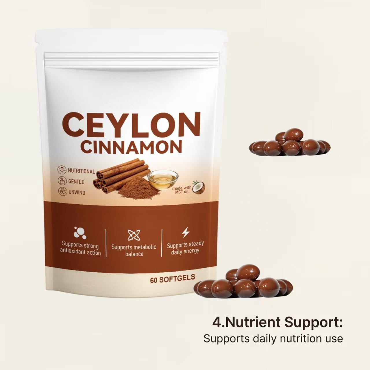 Cannella di Ceylon con olio MCT, per il supporto del metabolismo, altamente biodisponibile, 60 conteggi,3pcs