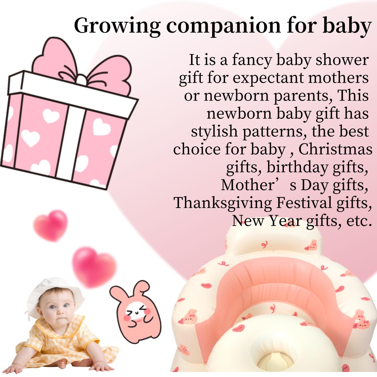Opblaasbaar babyzitje voor baby's van 4 tot 24 maanden, met geïntegreerde luchtpomp, rugsteun, outdoorstoel, vloerstoel, cadeau, babyshower, klaver, aardbei