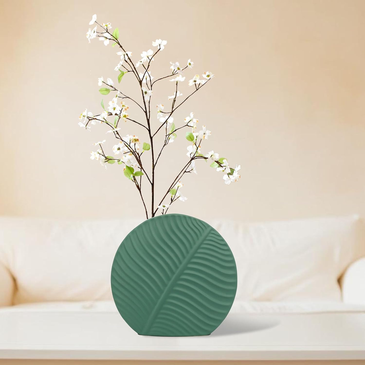 Green Ceramic Vase for Home Decor - Modern Nordic Style Decorative Vase for Living Room, Office & Table Centerpiece (Large)