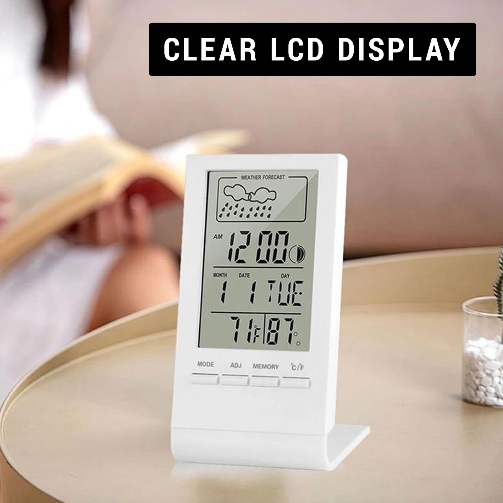 Estación de temperatura digital con termómetro interior/exterior, reloj controlado por radio, indicador de tendencia, reloj de mesa con fecha y día de la semana