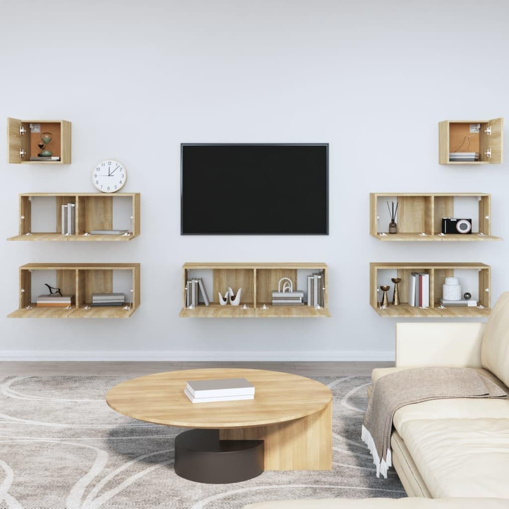 7-TLG. TV-Schrank-Set Sonoma-Eiche, Holzwerkstoff, Hängend, Modernes Media-Center für Wohnzimmer, Robust & Vielseitig