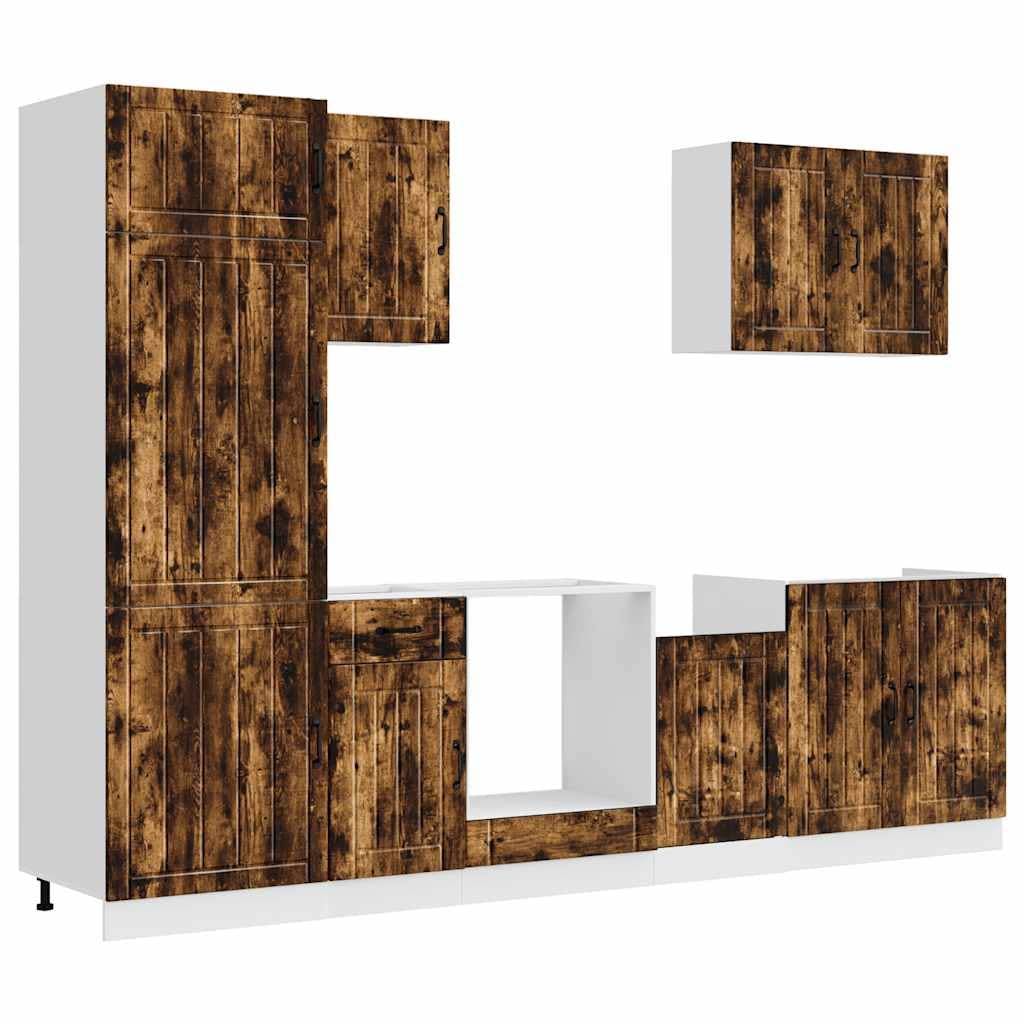 Set Mobili da Cucina 7 Pezzi Lucca Rovere Fumo in Truciolato | Soluzione modulare salvaspazio per la cucina con scomparti capienti e piedini regolabili in altezza.