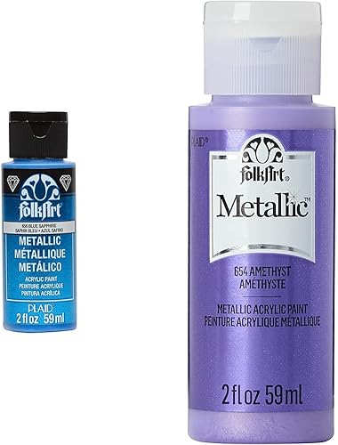 FolkArt Blue Sapphire Pintura acrílica metálica, 2 onzas líquidas (paquete de 1) y pintura acrílica metálica en varios colores (2 onzas), amatista