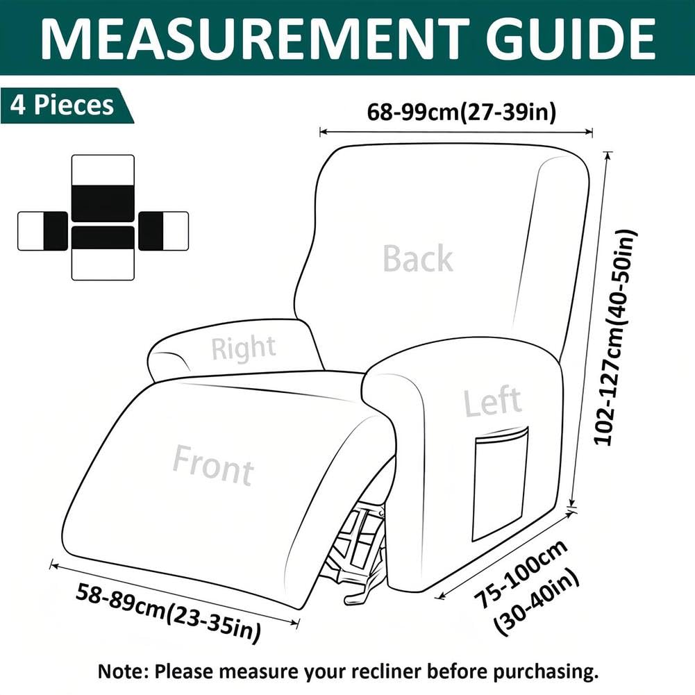 4 fundas de terciopelo elástico para sofá reclinable, funda suave para silla reclinable con respaldo antideslizante y bolsillos laterales, fundas lavables para sala de estar