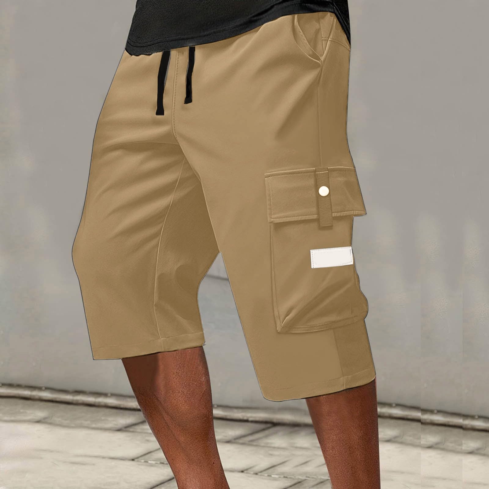 Cargo Shorts for Men Outdoor Hiking Below Knee Bermuda Shorts Flexible Elastic Waist Baggy Capris with Multi Pockets Waterproof Lightweight Short Nylon Carpenter Hiking Short Resort Wear Khaki