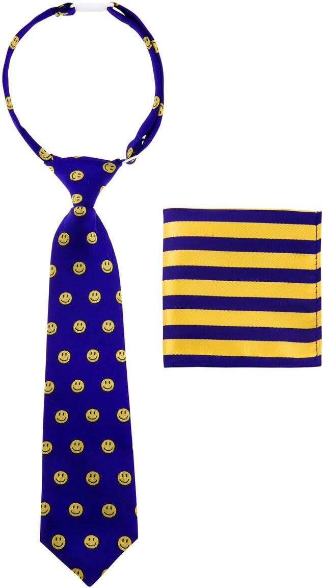 Canacana Smiley Emoji Woven Microfiber Pre-tied Boy's Tie with Stripes Pocket Square Gift Box Set - Purple and Yellow - 6-18 months