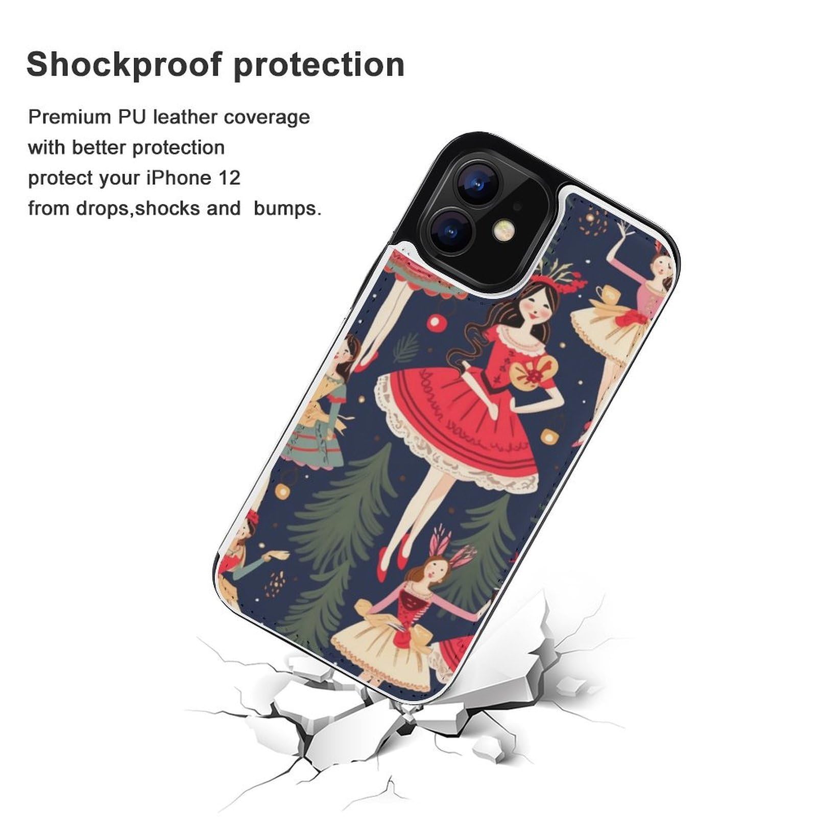 Fundas tipo cartera para iPhone 12, funda de piel con ranuras para tarjetas para mujer, cascanueces, ballet, danza de Navidad, con ranuras para tarjetas