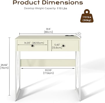 Manora White Computer Desk with 2 Drawers & Power Outlets USB Ports,31 Inch Small Writing Desk for Home Office, Modern Minimalist Study Table, Compact Vanity Desk for Bedroom, Apartment,Small Spaces
