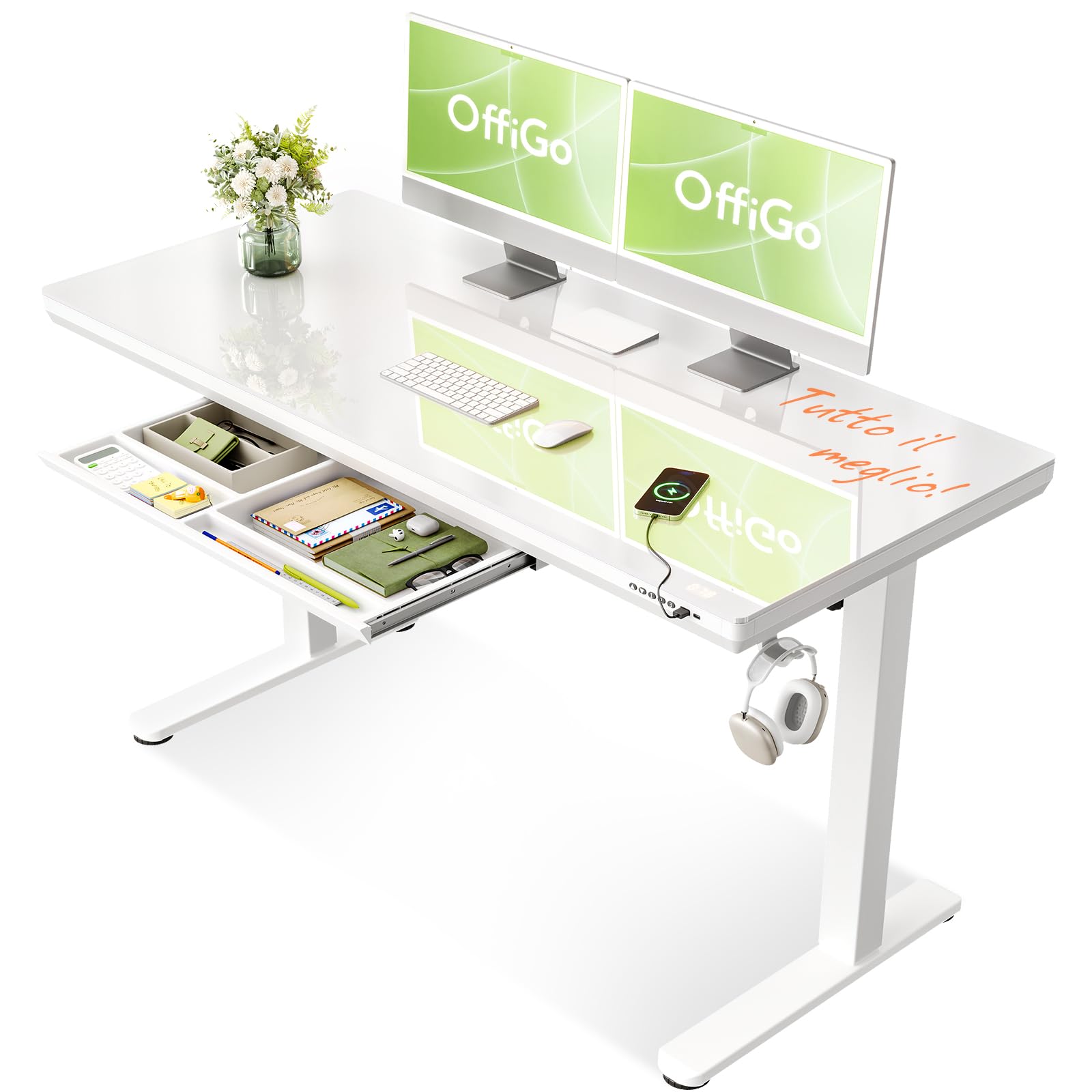 OffiGo Scrivania Regolabile in Altezza Elettrica, 140 x 60 cm, Top in Cristallo Monoblocco, Scrivania in Vetro con Cassetto e Porte USB e Type-C, Scrivania da Sede/Standing, per Casa e Ufficio, Bianco