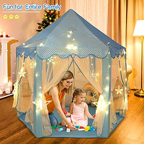 Image of BabyGo Kids Prince Princess Castle Theme Play Tent with Mosquito Net Design for Kids (Blue with Light)