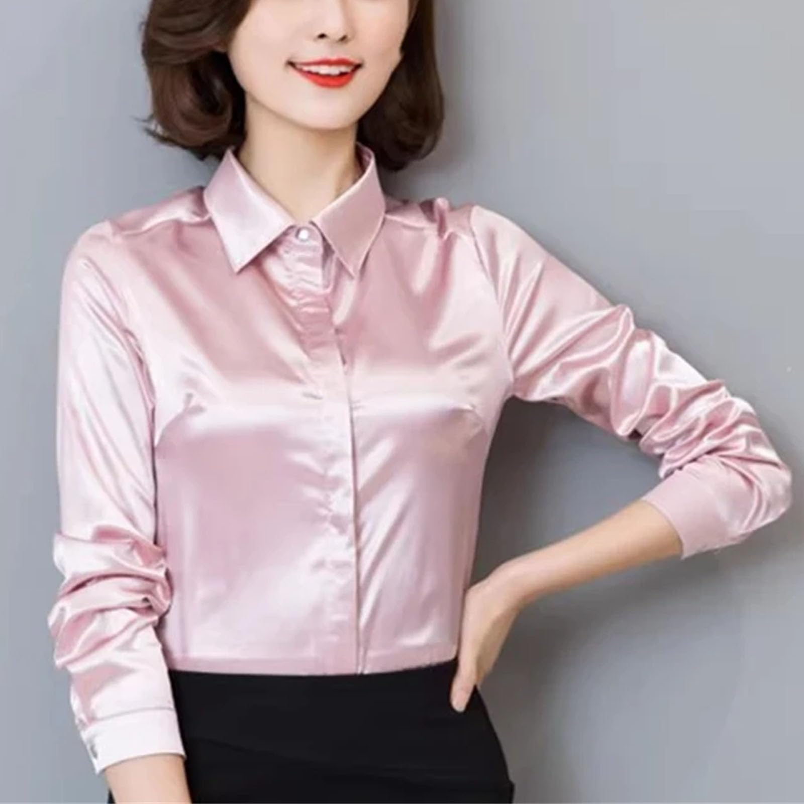 Camisa de trabajo para mujer, blusa de manga larga con solapa y botones ocultos, brillante, básica, de seda satinada, para mujer