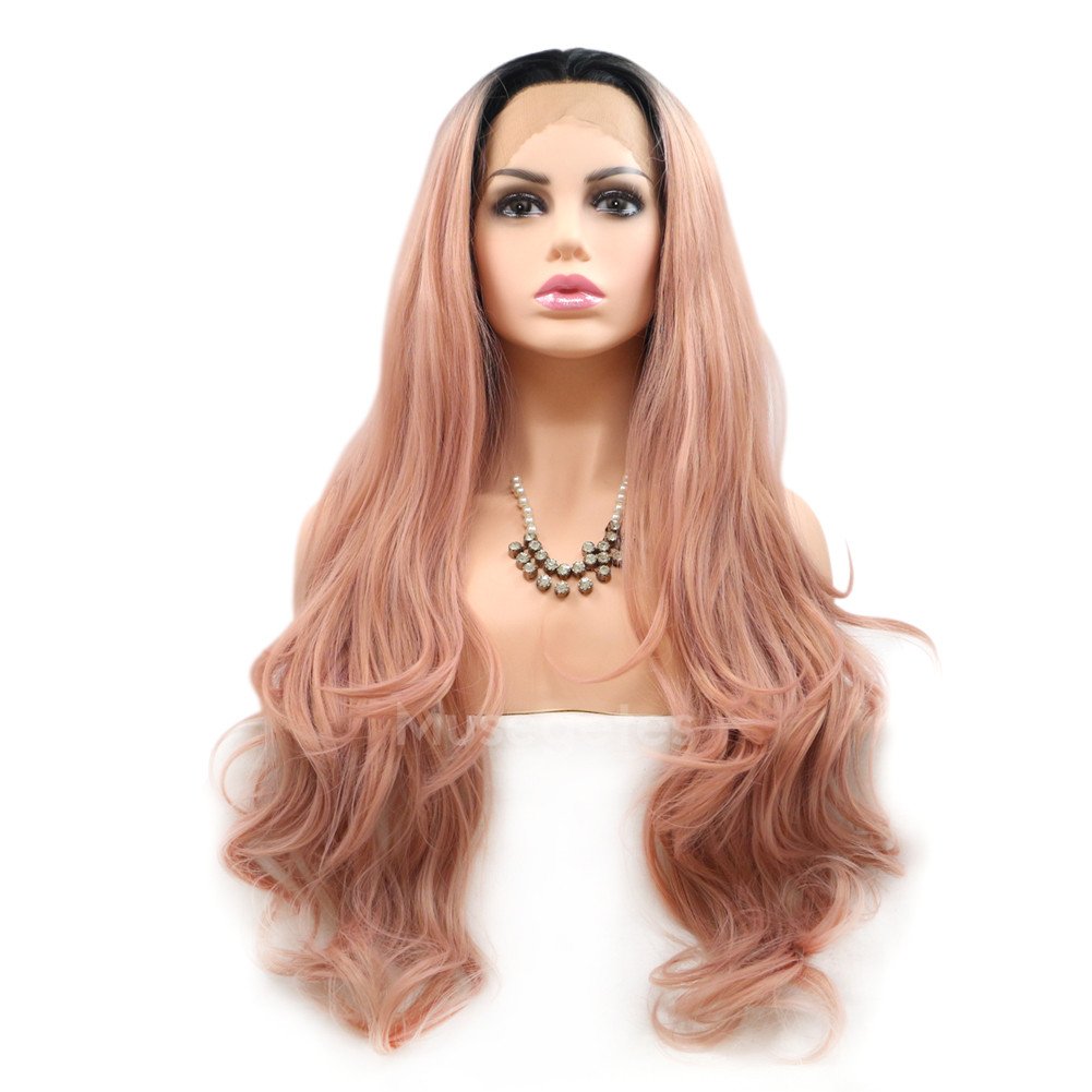 Ombre Pink Long Body Wavy Synthetic Lace Front Wigs For Women HS6011 (24")