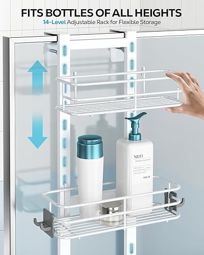 Vista 46 de Nieifi Estante organizador de despensa para ducha sobre la puerta con ganchos confiables, organizador de ducha resistente para colgar, estante