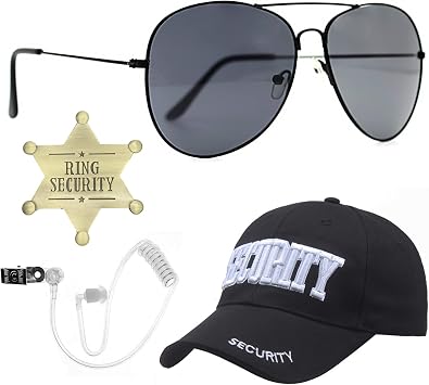 4 pcs Agent Spy Accessories Kit Halloween Secret Service Costume Security Hat Earpiece Earplugs Acoustic Tube Sunglasses Agent Badge for Ring Security Wedding,Cosplay Activity