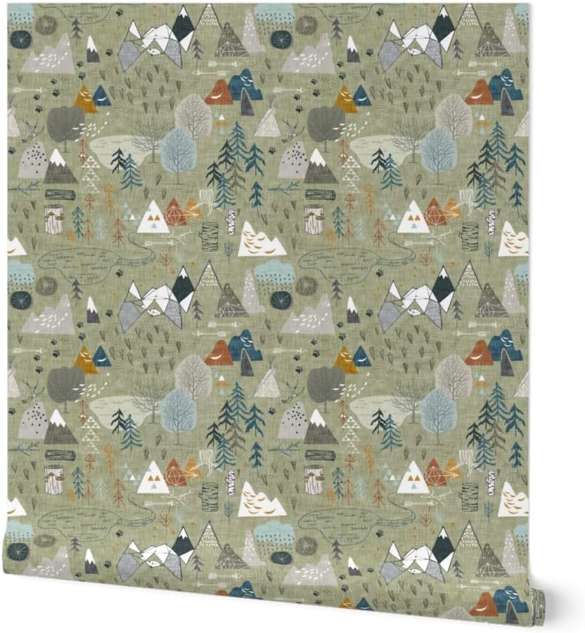 Peel & Stick Wallpaper 9ft x 2ft - Map Olive Alpine Pine Tree Forest Woods Teepee Fall Modern Custom Removable Wallpaper by Spoonflower