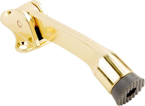 National Hardware V238 Kickdown Door Stop 4 in Brass Spring Floor Mount Wall Protector Rubber Foot Hold Door Open Die Cast Zinc Body Door Stopper for Bottom of Door