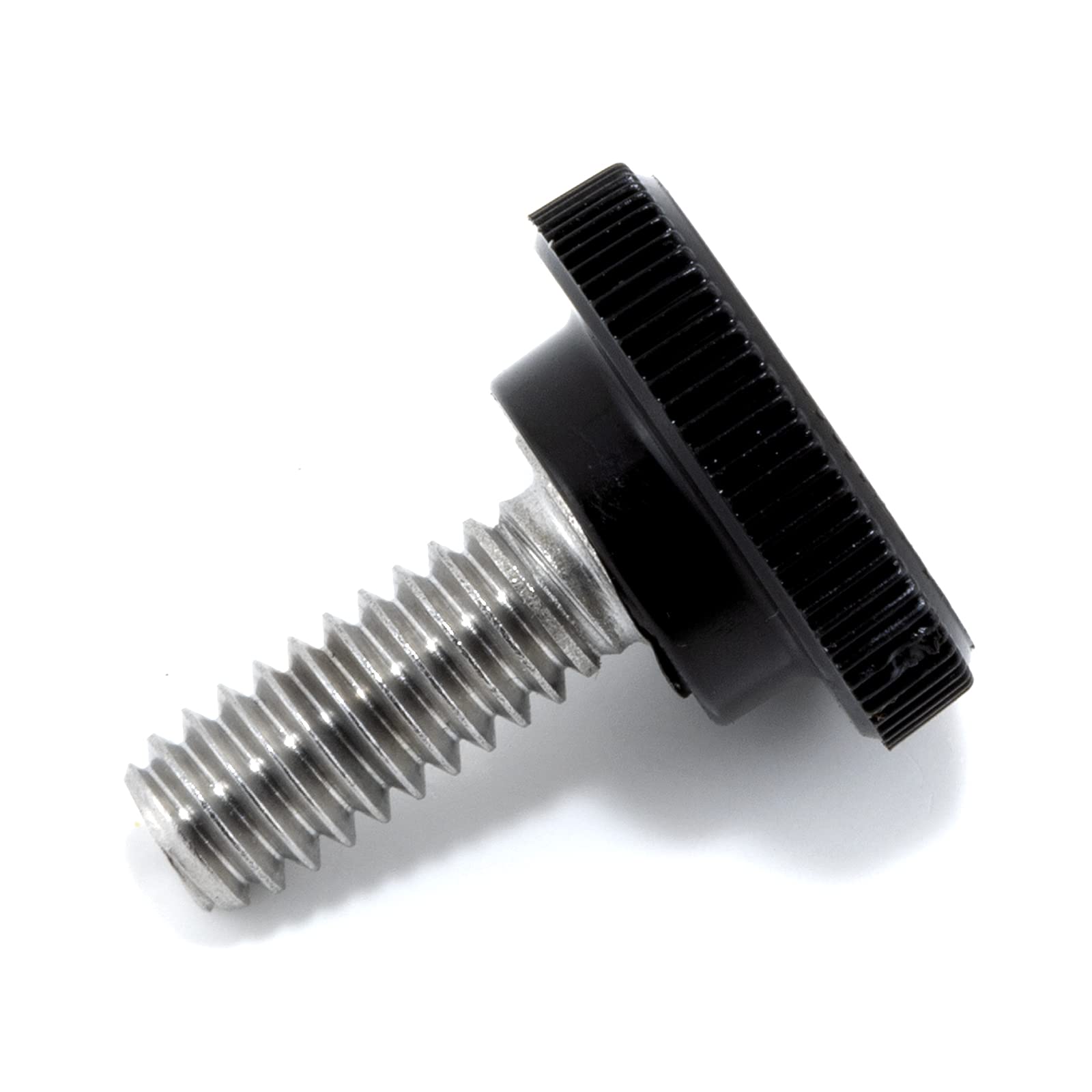 1/4"-20 x 5/8" Thumb Screw Stainless Steel - Black Knurled Round Plastic Knob - Standard/Coarse Thread Thumbscrew - Length: 0.625" - Proudly Built in