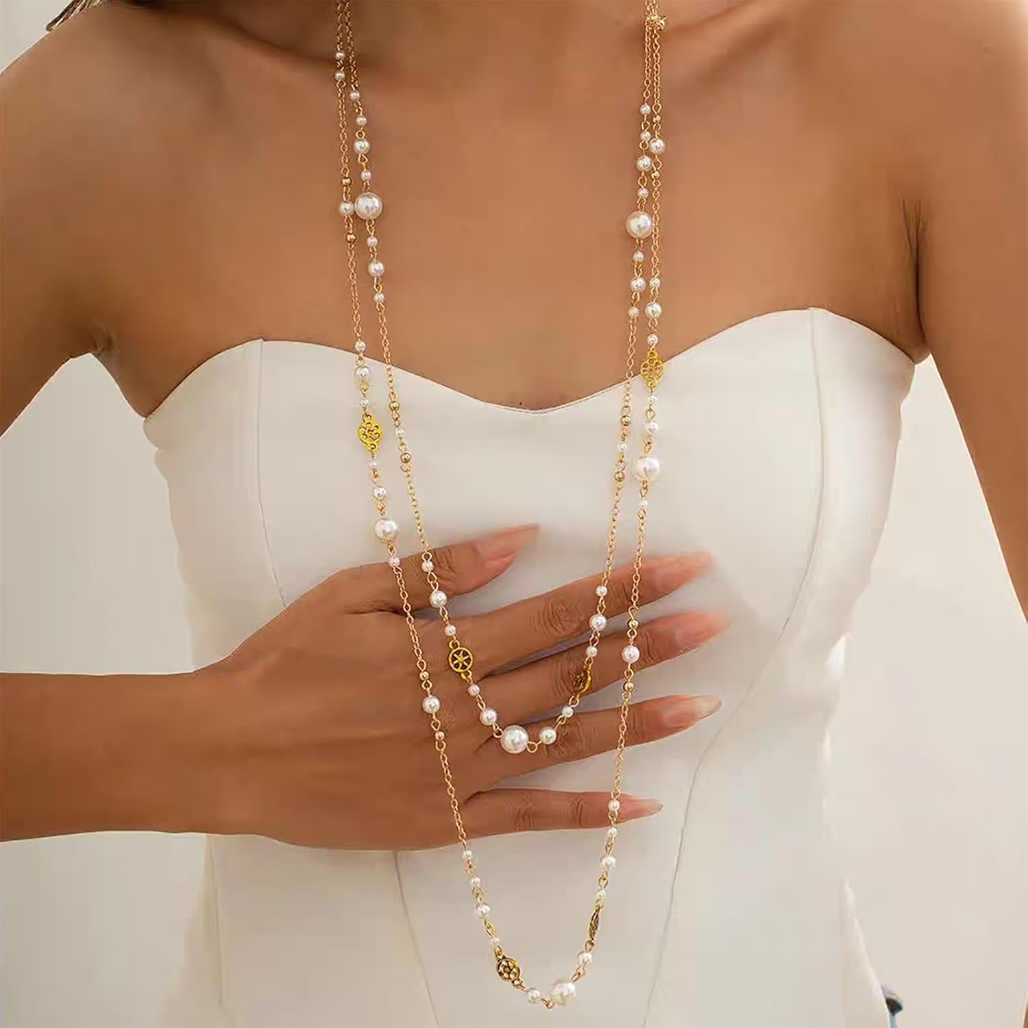 Long Pearl Necklaces for Women, Long Chain Necklace, Trendy Dainty and Gold Necklace Dainty Gold And Layered Pearl Necklace Flower Statement Sweater Strand Choker Silver Chain - Image 3