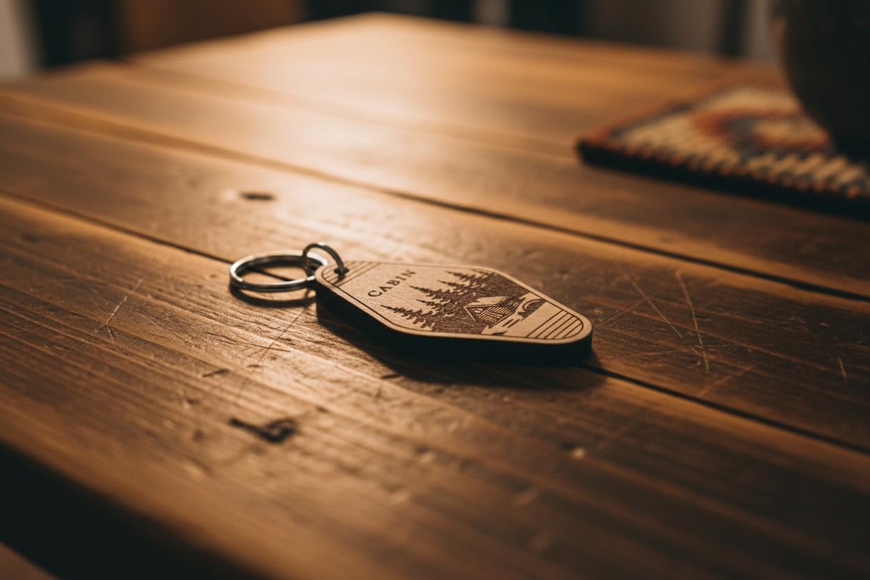 (2 Pack) Cabin Keychain – Double-Sided Laser Engraved – Real Wood – Rustic Cabin Gift