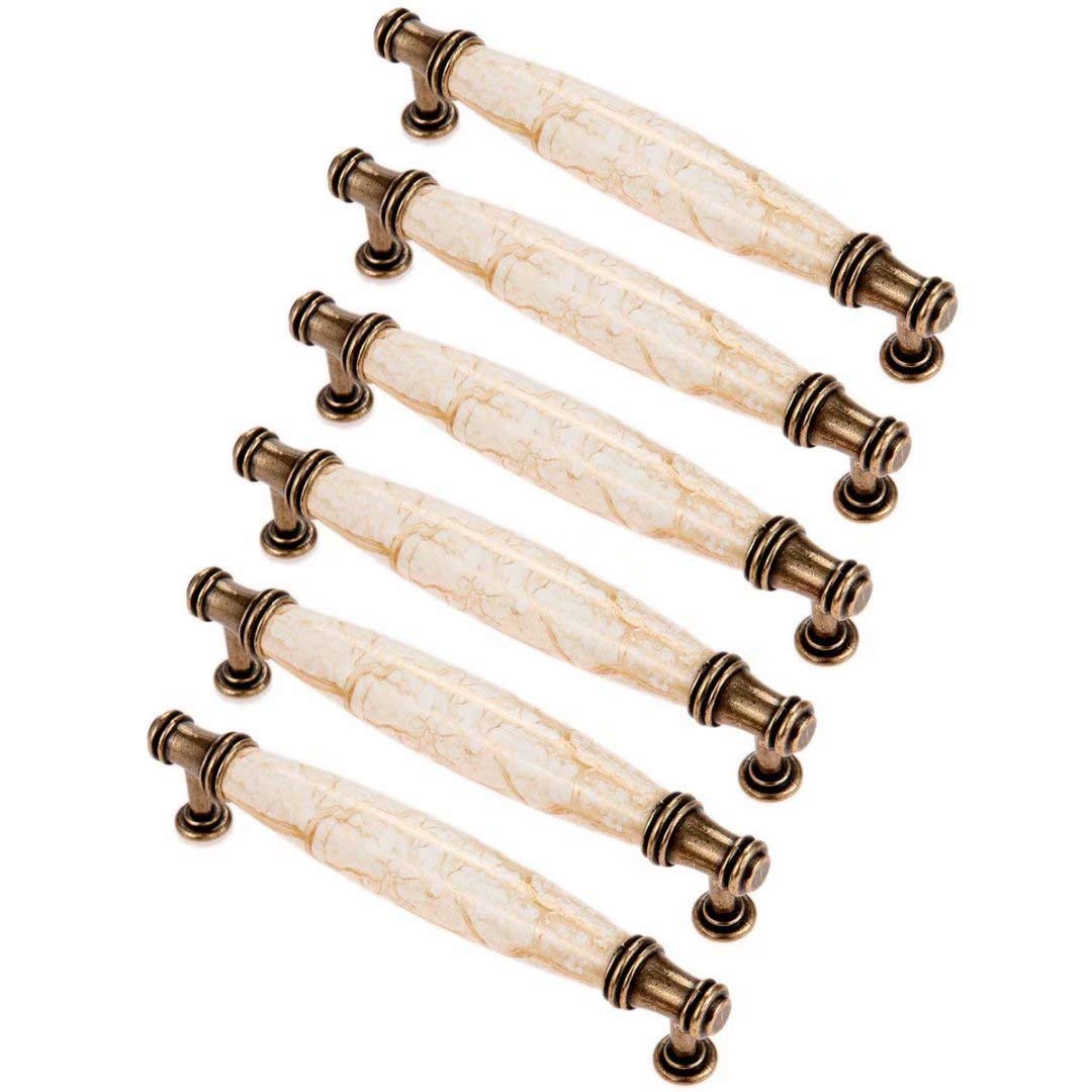 Fbshop(Tm) B-128Mm 6Pcs Vintage Marble Wardrobe Door Handles Ceramic Zinc Alloy Cabinet Drawer Pulls, 128Mm Screw Spacing