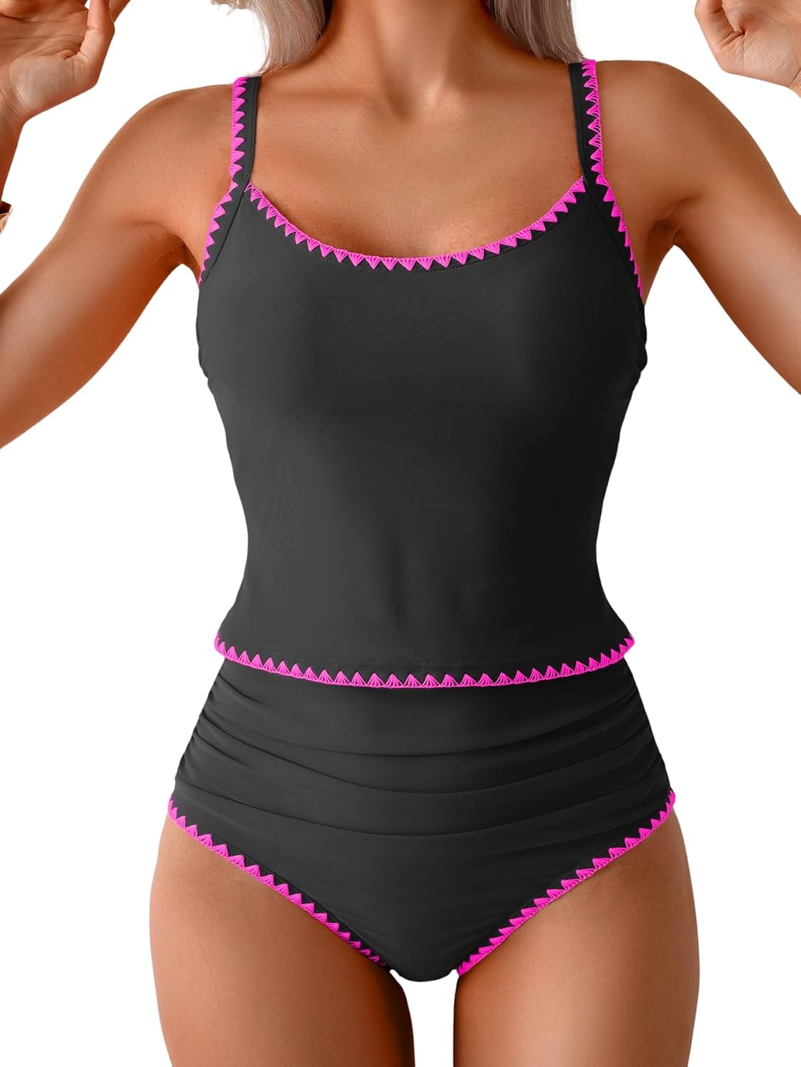 Eomenie Tankini Swimsuit for Women Tummy Control Ruched Two Piece Bathing Suits High Waisted Shell Stitch Swimwear Black&hot Pink X-Large