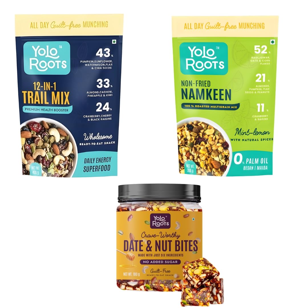 Yolo Roots Trail Mix 400g + Multigrain Namkeen 300g + Date Nut Bites 180g Combo Pack of 3-image-32