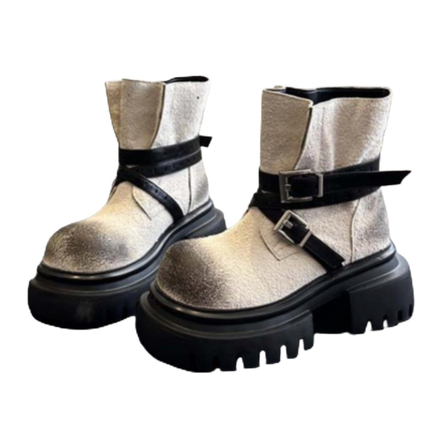 ZQW Womens Chunky Platform Combat Boots Suede Round Toe Adjustable Buckle Block Heel Genuine Leather Wide Width Punk