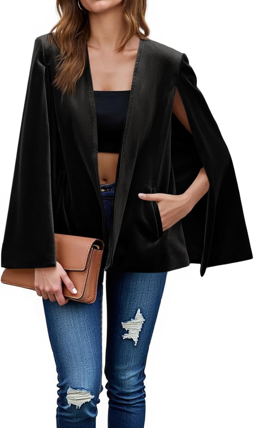 Cicy Bell Women's Velvet Cape Blazer Jackets Casual Split Long Sleeve Open Front Coat