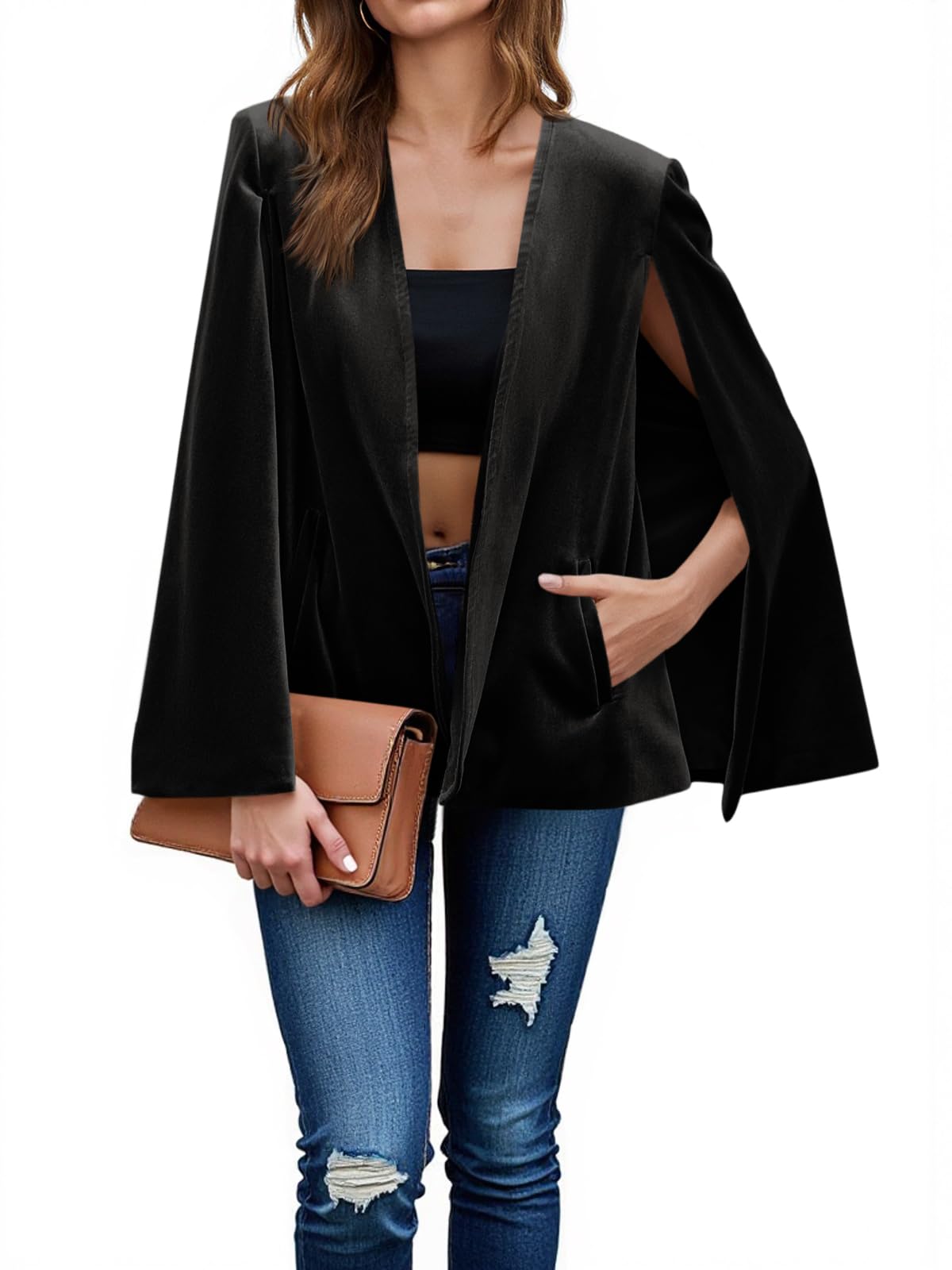cicy bell Women's Velvet Cape Blazer Jackets Casual Split Long Sleeve Open Front Coat-picture-33