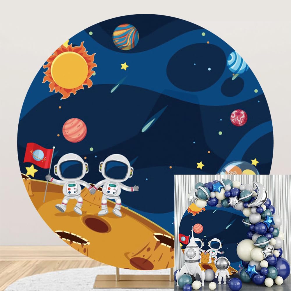 Laeacco 7.5x7.5ft Outer Space Round Backdrop Universe Cartoon Astronauts Planets Circle Backdrop Blue Sky Galaxy Stars Photography Background for Baby