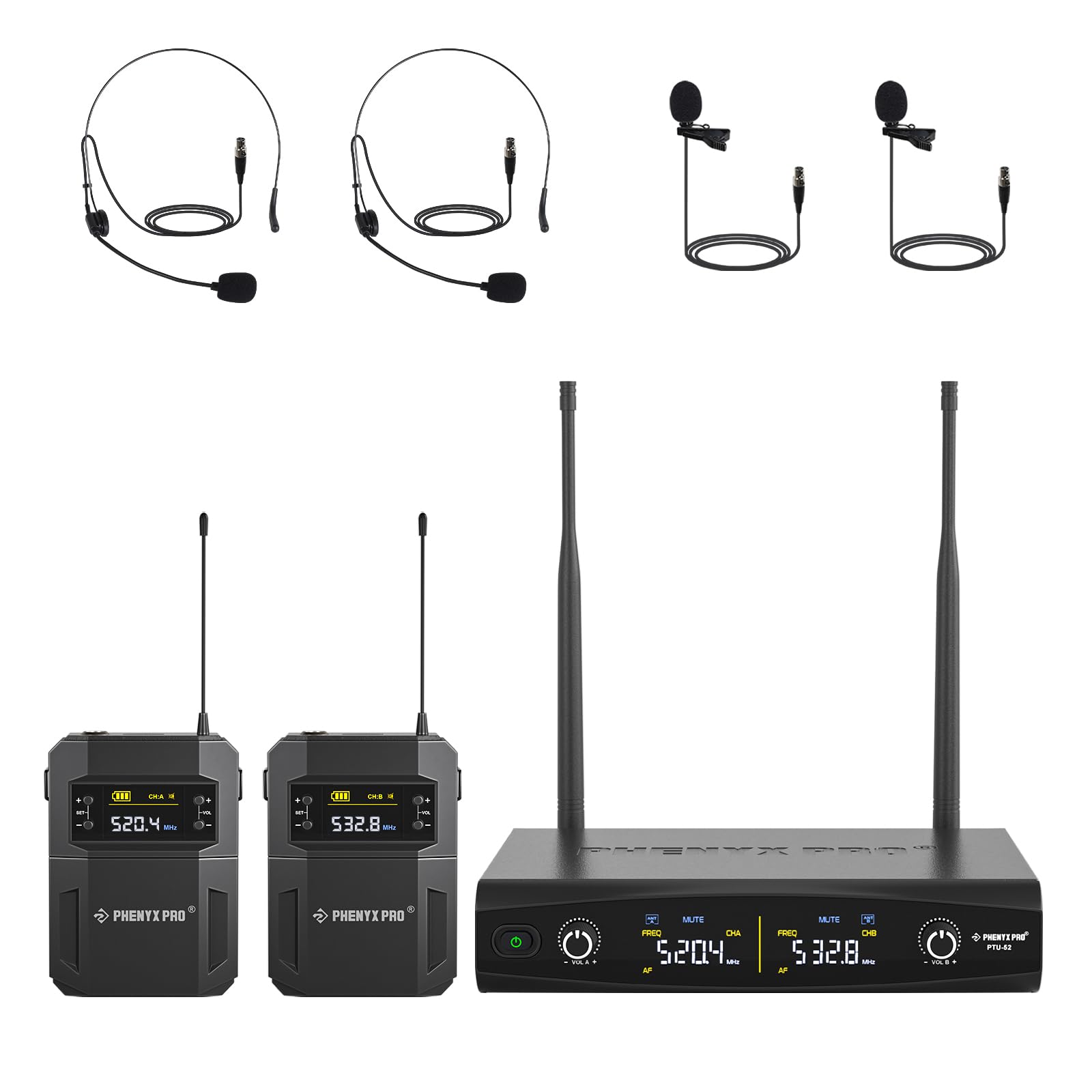Photo 1 of Phenyx Pro UHF Wireless Microphone System w/ 2x30 Tunable Frequencies, Metal Cordless Mic Set, 200 ft Range, 2 Bodypacks & Headsets/Lapel Mics for Speaking, Singing, Church, DJ (PTU-52-2B)