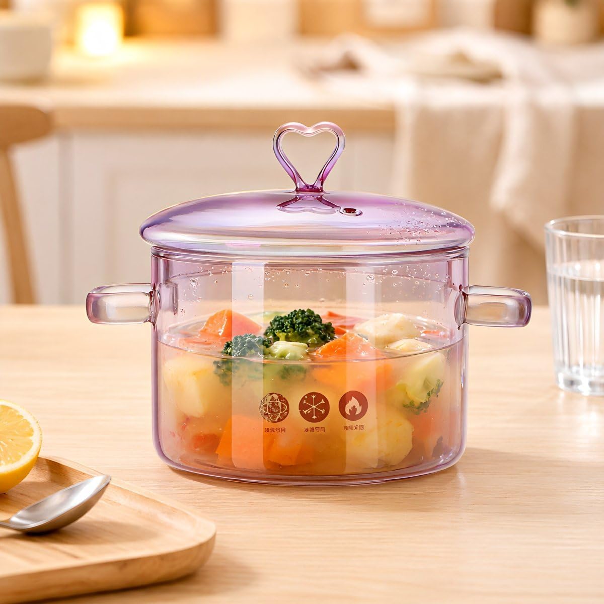 ERINGOGO Casserole en verre avec couvercle poignée - 1. 5 L/50 Oz Casserole avec couvercle en verre Ustensiles de cuisine en borosilicate Pot à soupe transparent - Rose