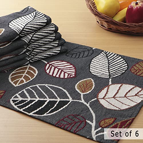 Image of HOKIPO Cotton Jacquard Dinner Table Placemats Set of 6 (12x18 Inches) (IN-530-D5*6) Grey Leaves