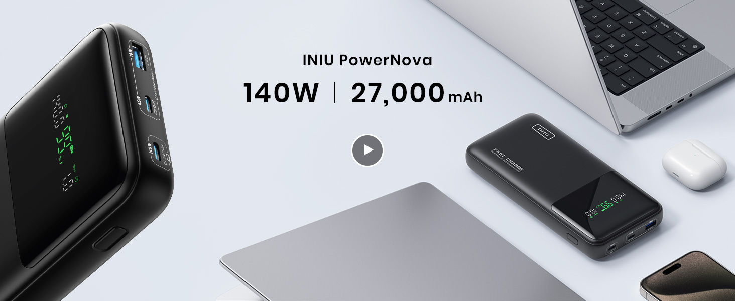 INIU Power Bank 27000mAh 140W, Batería Externa Portátil con Cable USB C INIU Power Bank 27000mAh 140W, Batería Externa Portátil con Cable USB C
