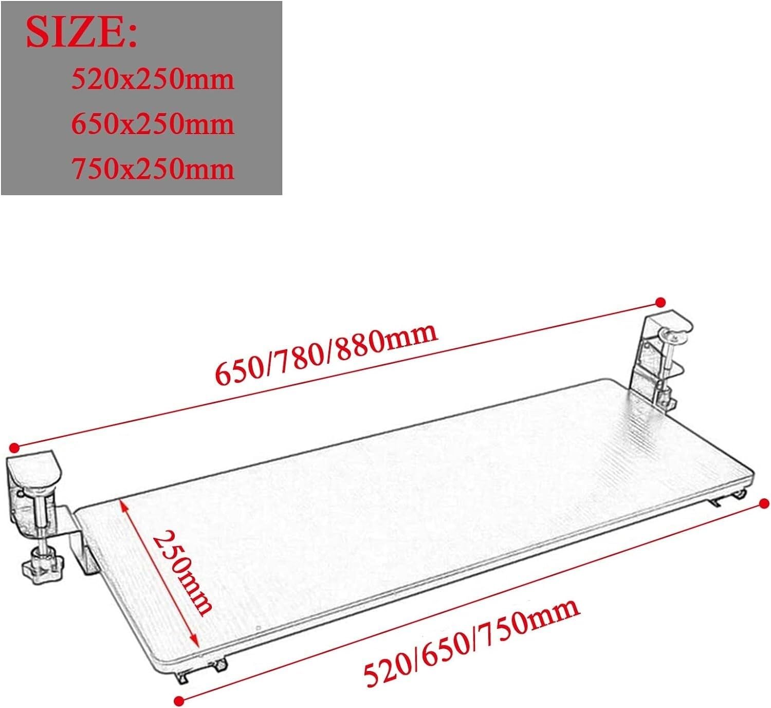 Bandeja para teclado extra ancha ajustable para debajo del escritorio, 520/650/750 mm, se adapta a teclados y ratones de tamaño completo, soporte ergonómico para reposabrazos, diseño deslizante negro