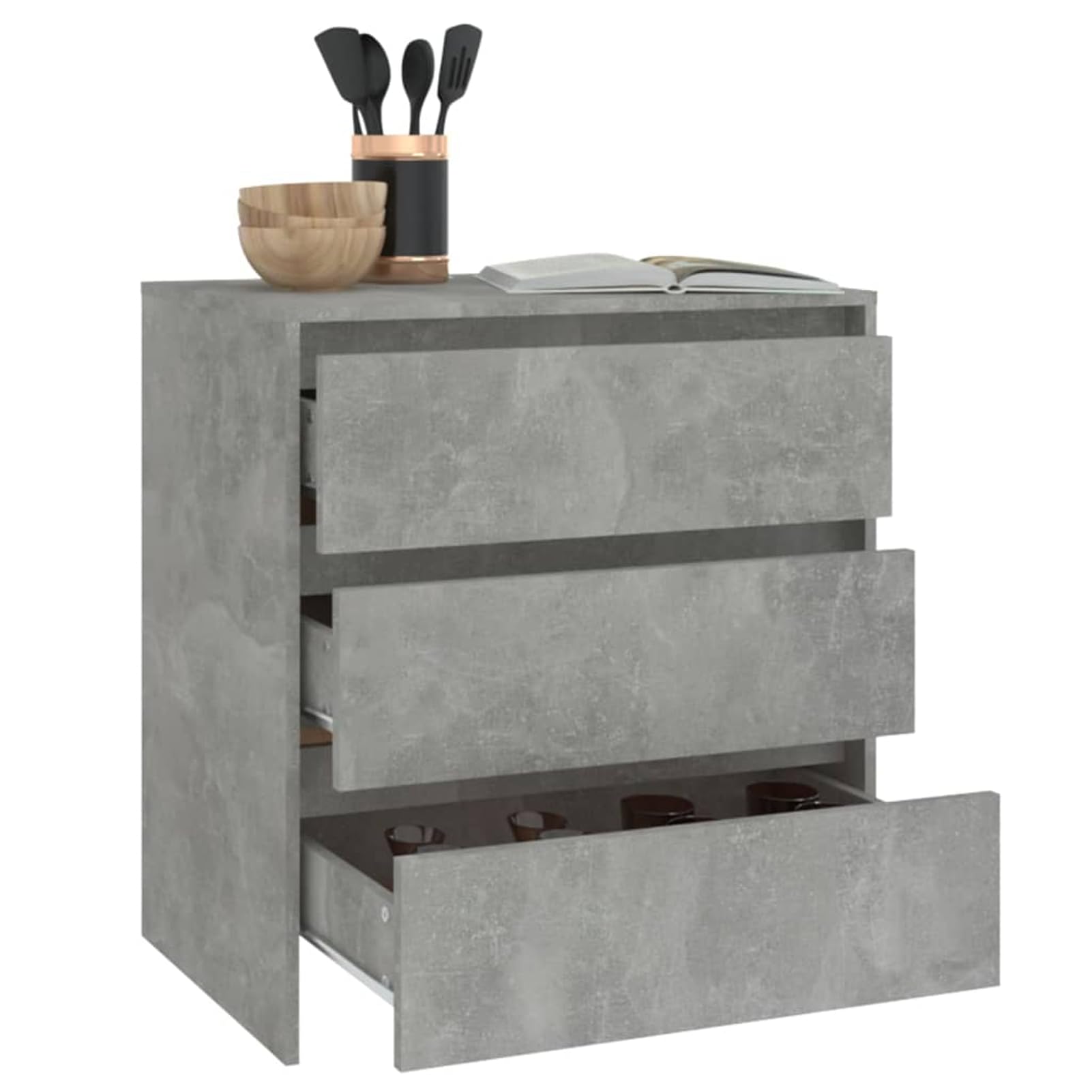 Kredens szary betonowy, 70 x 41 x 75 cm, materiał drewnopochodny z 3 szufladami – minimalistyczny mebel do salonu zapewnia porządek w przestrzeni do przechowywania i dekoracji