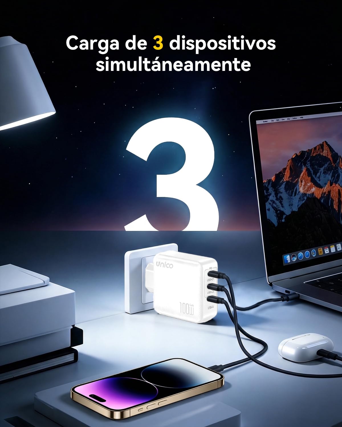 UNICO Cargador USB C 100 W, Carga Rápida Multidispositivo con 3 Puertos, Compatible con Samsung Galaxy S25/S24/S23,iPhone 17 Pro MAX Air/16/15/14/13, MacBook Pro/Air, iPad y Steam Deck