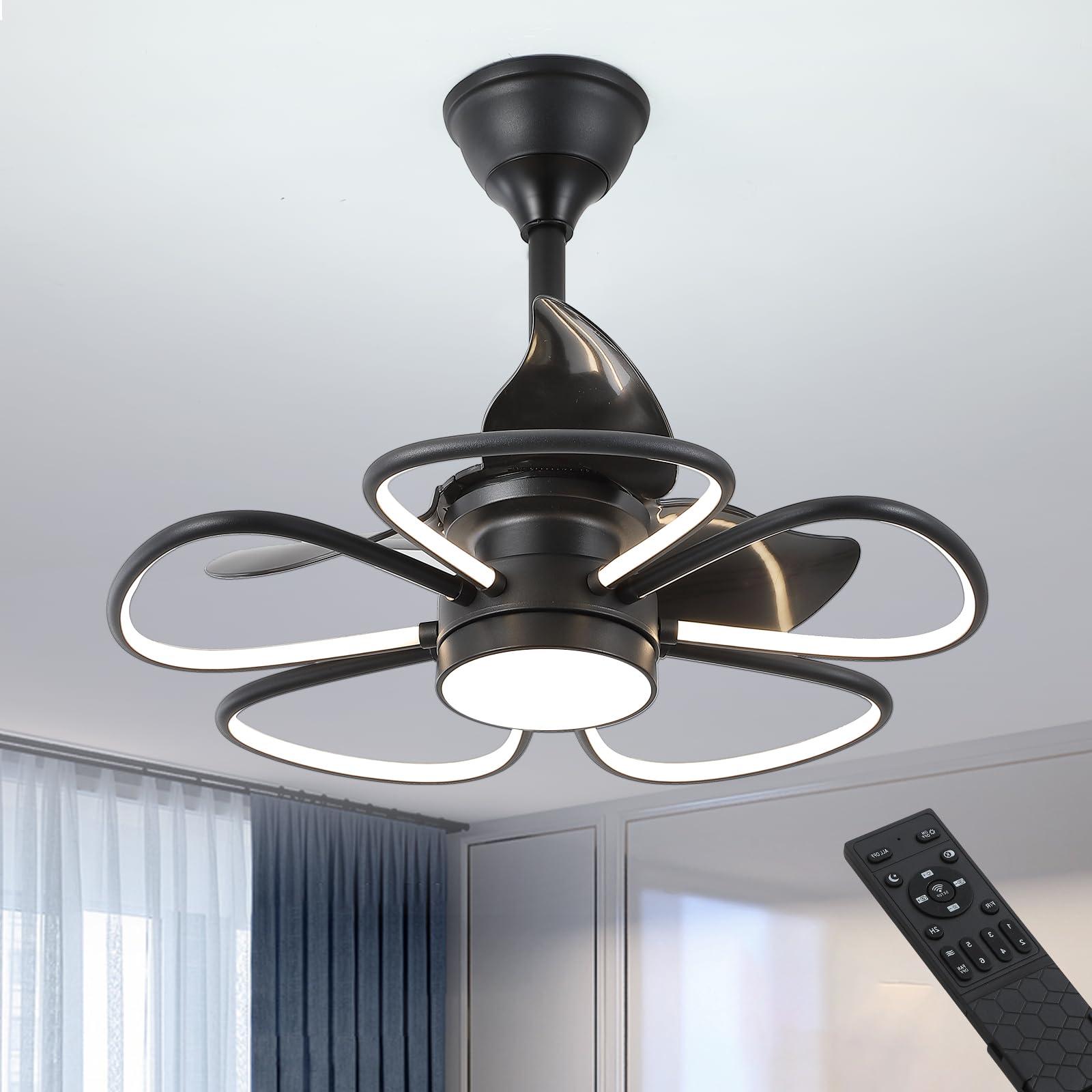 Kviflon Modern Ceiling Fans with LED Lights, Unique Indoor Minimalist Fandelier Small Black Ceiling Fan with Flower Chandelier for Bedroom Kitchen Dining Living Room, Remote Control, Dimmable