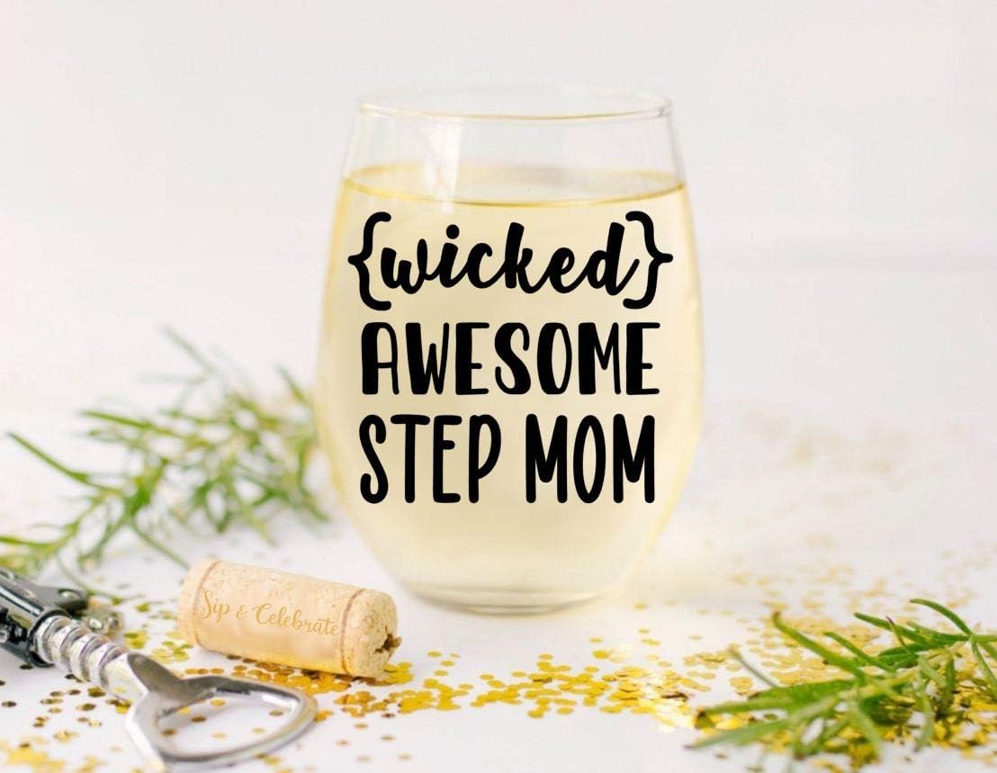 Funny Gift for StepMom - Wicked Awesome Step Mom - Premium 21oz Stemless Wine Drinking Glass Cup