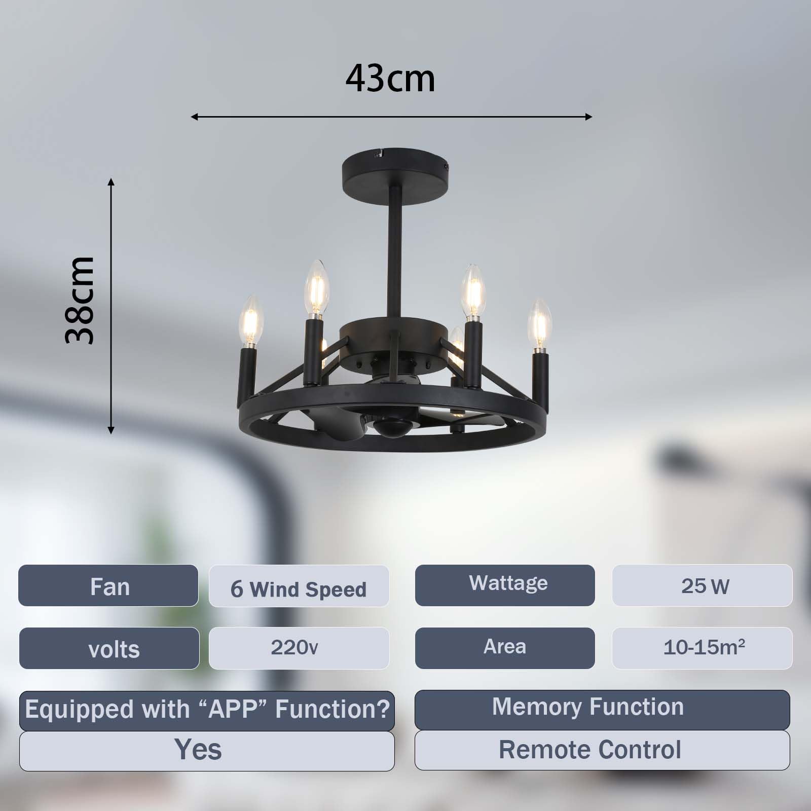 Ventilador de Techo Retro Negro con luz, 43 cm, Bombilla E12, Motor DC silencioso, diseño Reversible, Control Remoto, 6 velocidades, Cocina y Dormitorio, función de t